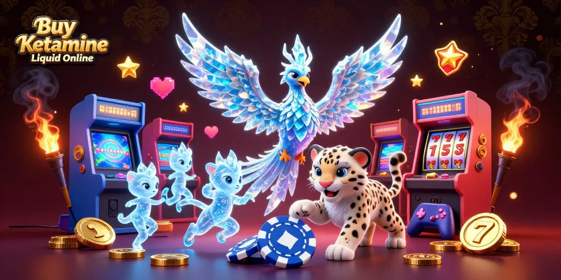 Experience the thrill of gambling while navigating to buy Ketamine liquid online in this vibrant casino-themed illustration.