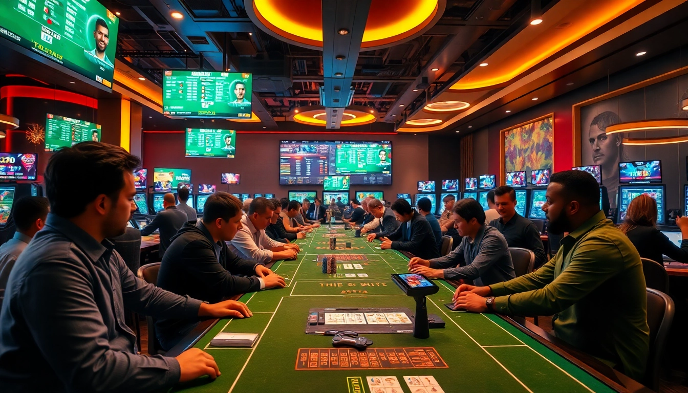 Engaging sportsbetting scene in a vibrant casino, showcasing energetic players and glowing odds displays.