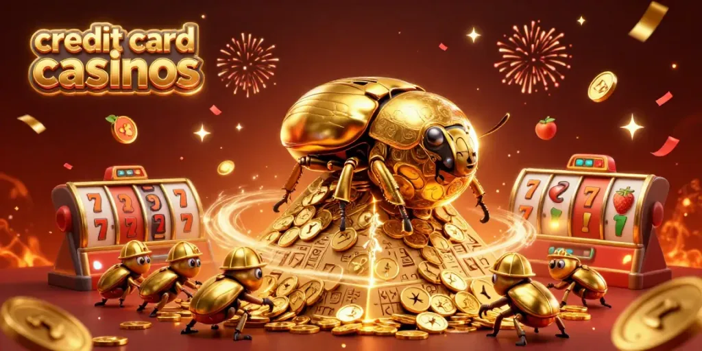 Experience thrilling gameplay at credit card casinos with colorful slot reels and joyful characters.