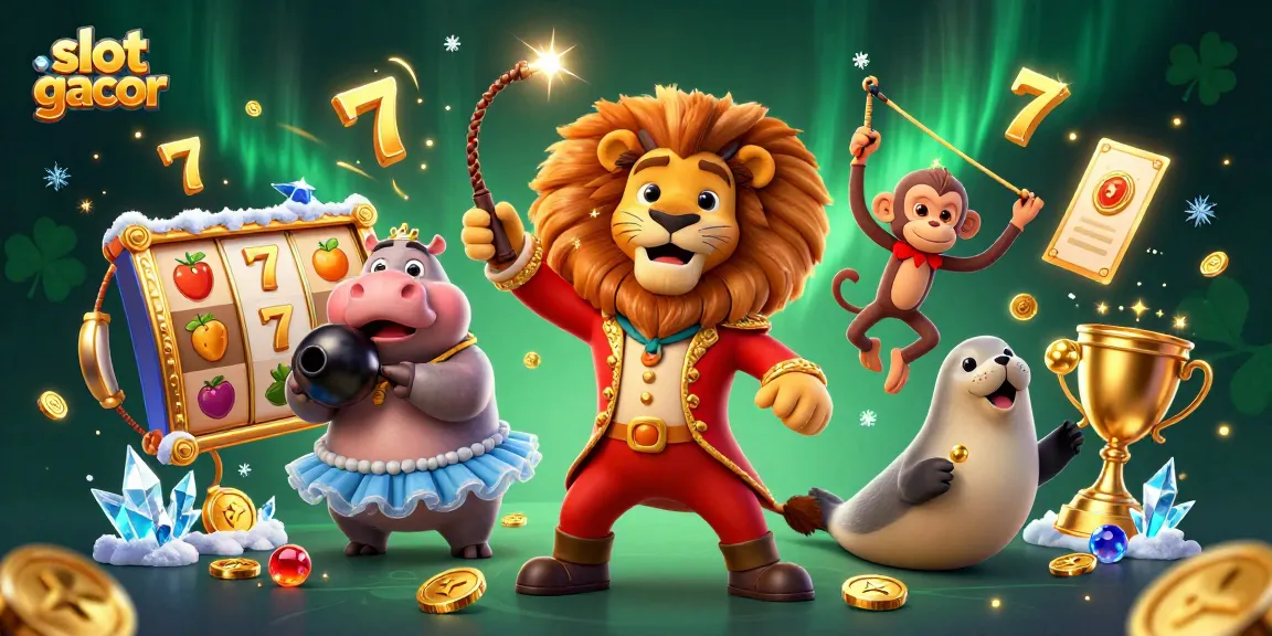 Experience the thrill of slot gacor with an energetic circus-themed casino illustration showcasing various game elements.