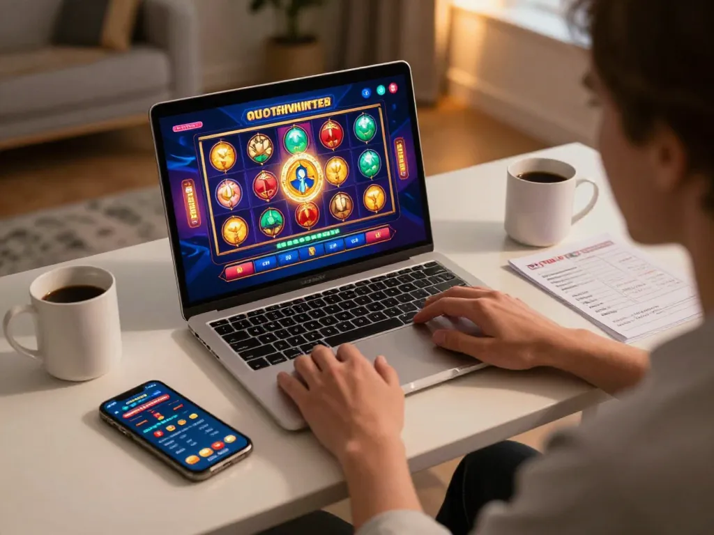 Engage in lucky win moments with thrilling slot gameplay on a sleek laptop in a cozy home setup