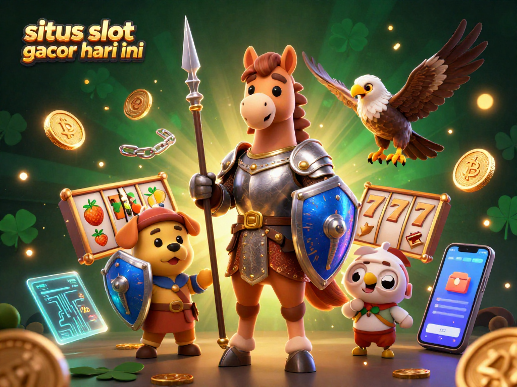 Permainan situs slot gacor hari ini menampilkan karakter lucu dalam ilustrasi kasino berwarna cerah dan elemen slot menarik.