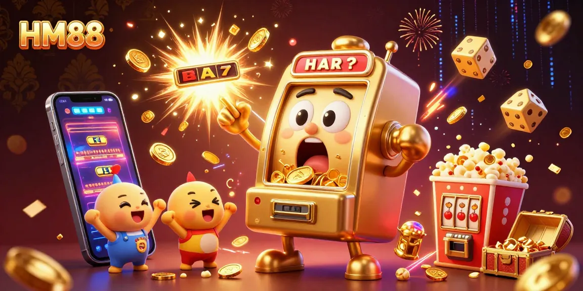 Experience the thrill of HM88 with a vibrant illustration of slot machines celebrating a jackpot amidst a dynamic casino scene.