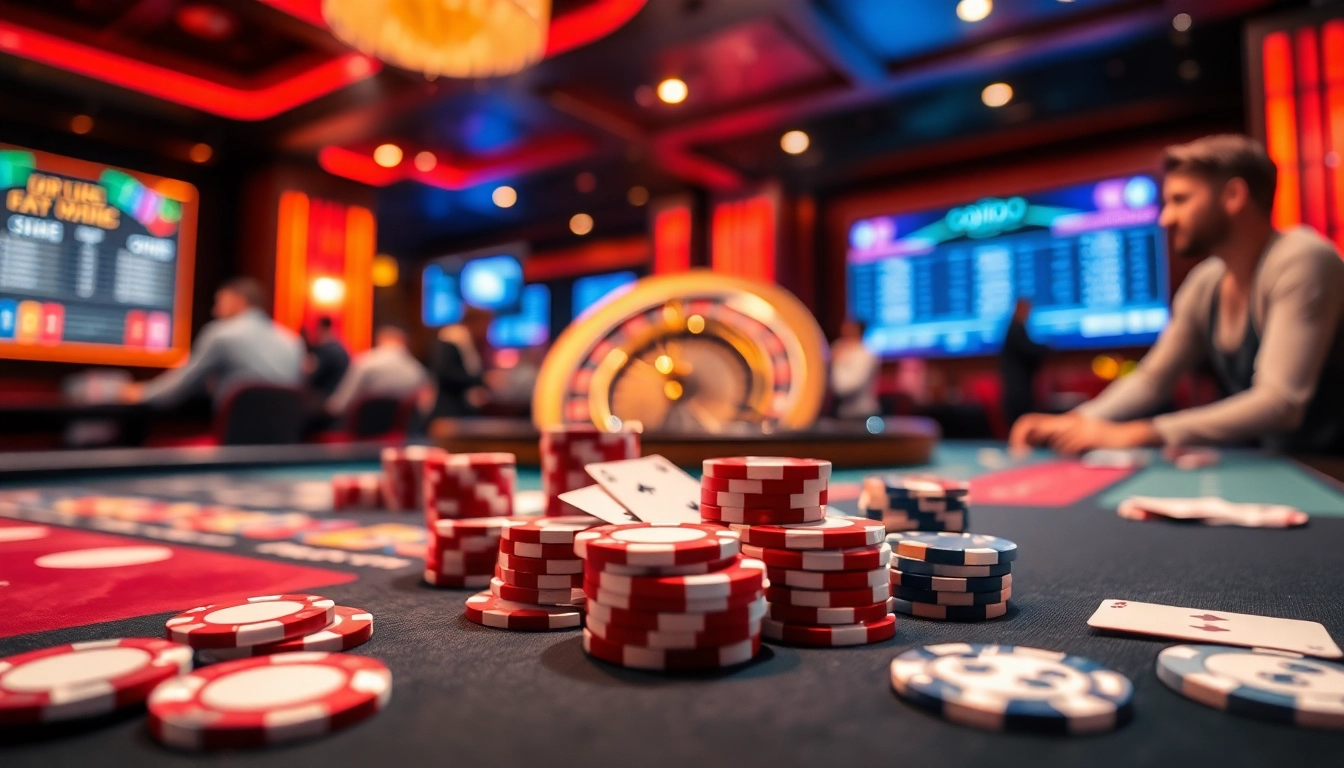 Experience the thrill of gaming at SODO66 with poker chips and a roulette wheel in a luxurious setting.
