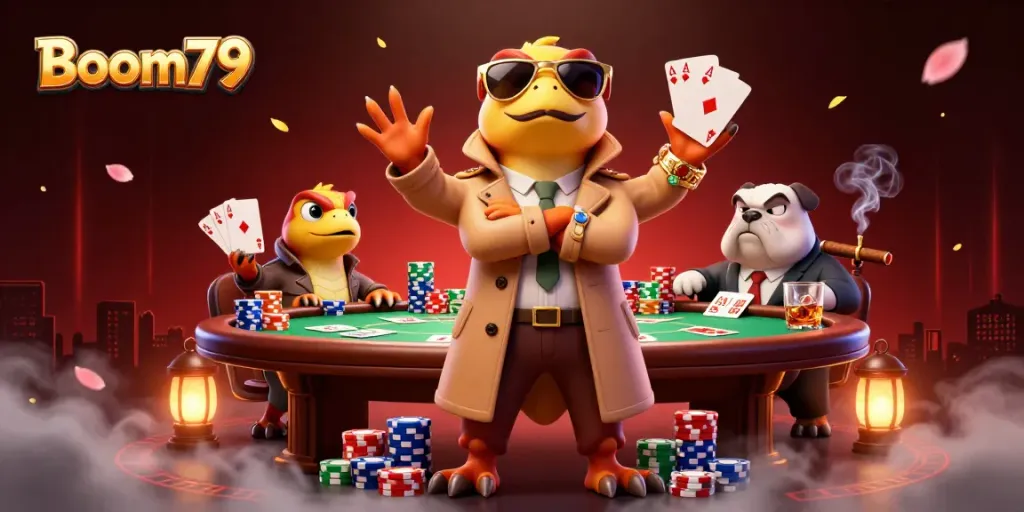 Experience Boom79's thrilling gaming vibe with playful characters in a vibrant casino scene.