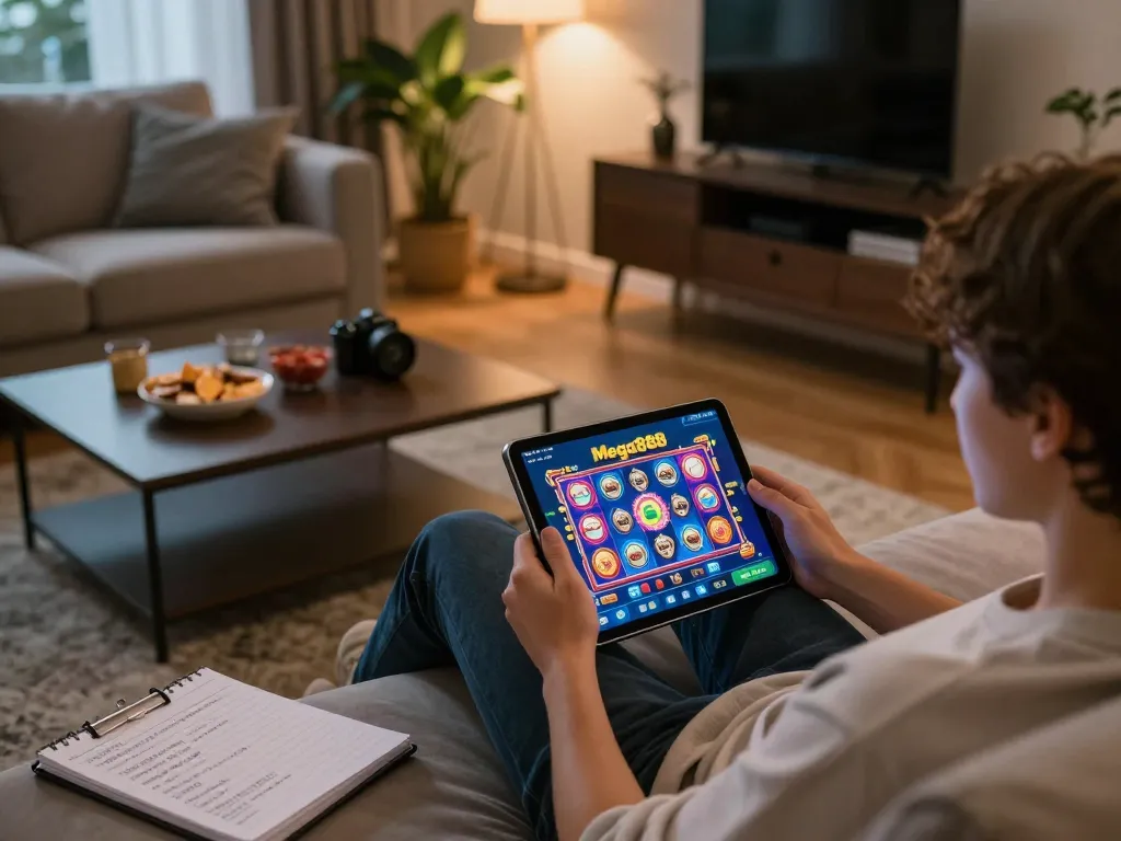 The person accessing Mega888 login on a tablet in a cozy home gaming setup, showcasing strategic play.