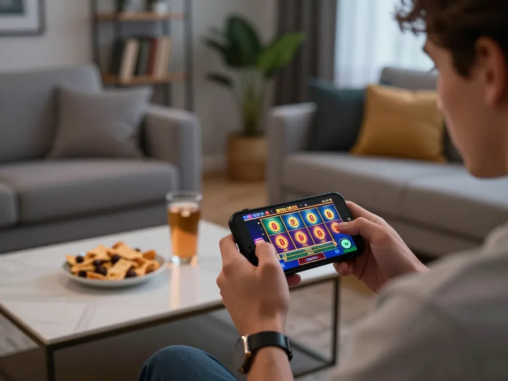 Pemain menikmati permainan mobile di rumah dengan Tempo 123, terlibat dalam slot kasino untuk peluang lebih baik.