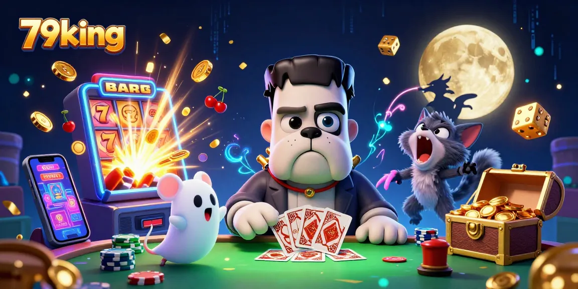 79king offers thrilling casino action with a vibrant scene of characters playing cards and symbols exploding in excitement.