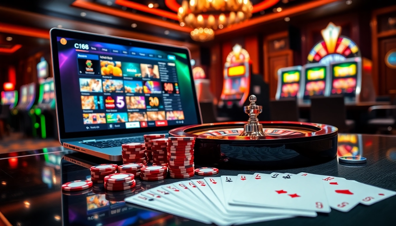 Engage with thrilling casino action at C168 featuring vibrant slot machines and poker chips on a professional gaming table.