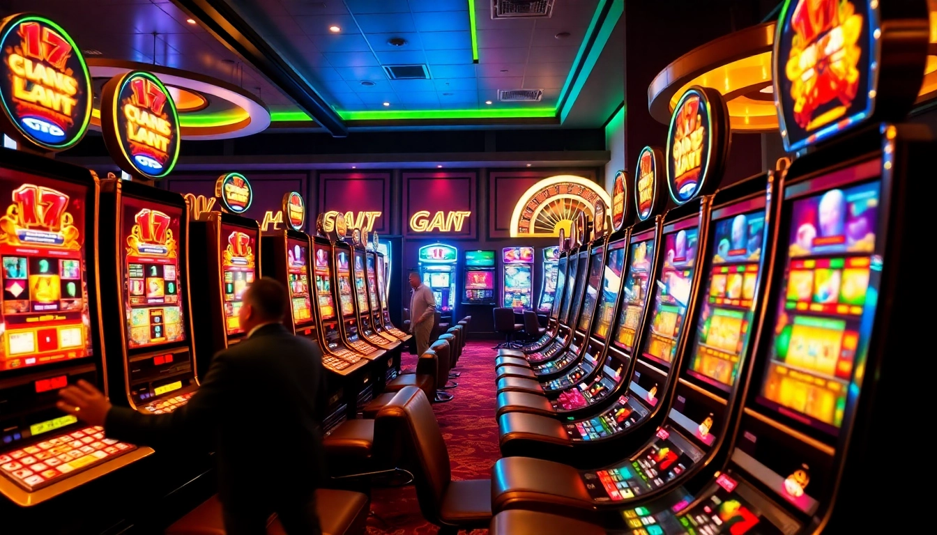 Excited players enjoying slot online games at a vibrant casino.