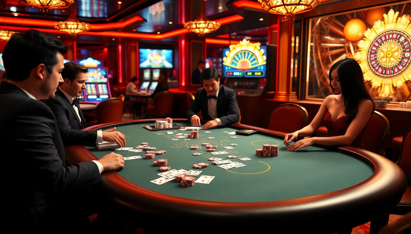 Exciting casino atmosphere showcasing the qh88 gambling experience with poker chips, cards, and players.