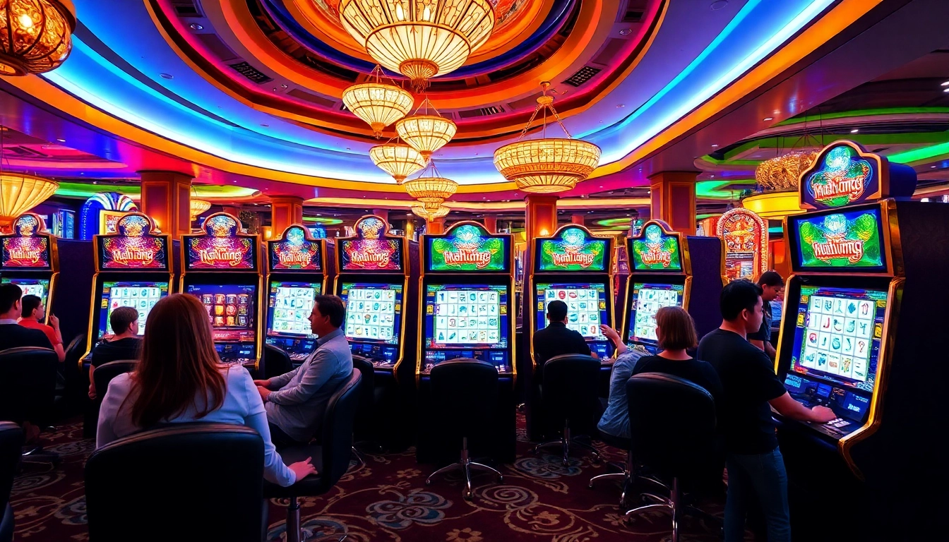 Para pemain menikmati mesin slot Mahjong Ways 2 di kasino yang ramai, menampilkan kegembiraan dan momen kemenangan.