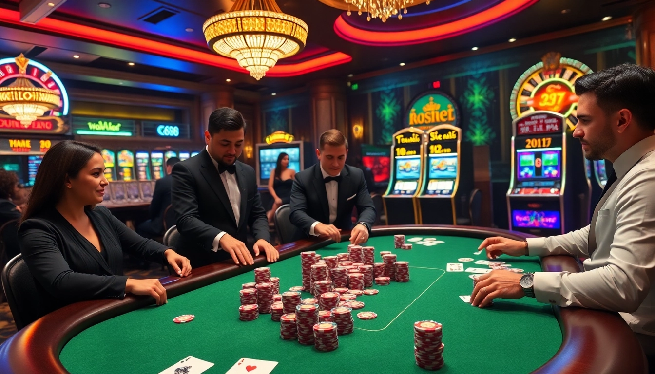 K88 online casino featuring a lively poker table and vibrant slot machines for exciting gameplay.