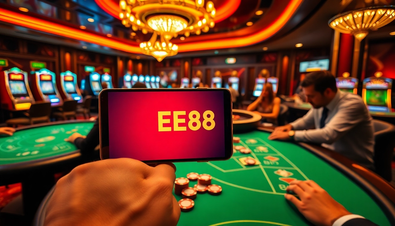Tải app ee88 on a smartphone amidst a vibrant casino setting with poker chips and a roulette wheel.