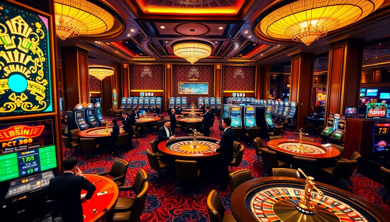 Players enjoying the thrilling casino experience at j88 with vibrant gaming tables and slot machines.