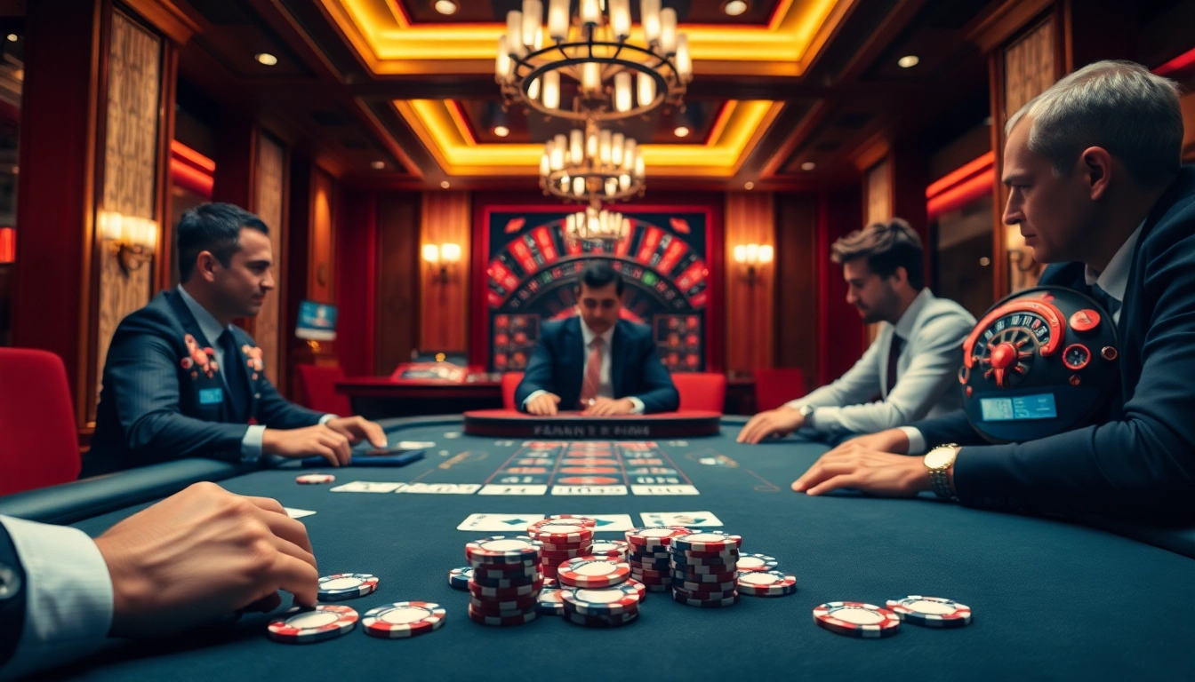 The thrilling moment at a poker table as players strategize their bets at https://pxjthailand.org/, featuring vibrant casino elements.