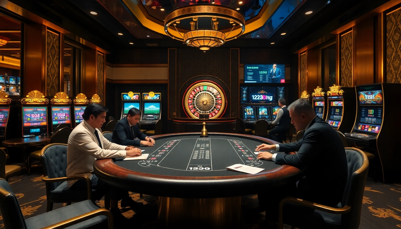 Experience the thrill of 123b.ing with an exciting casino scene featuring poker and slot games.