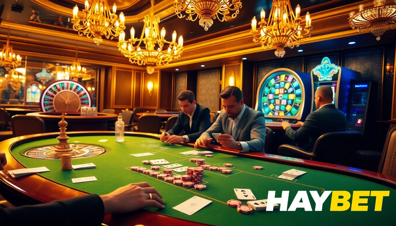 HAYBET casino scene showcasing a thrilling poker game with vibrant colors and dynamic gambling elements.