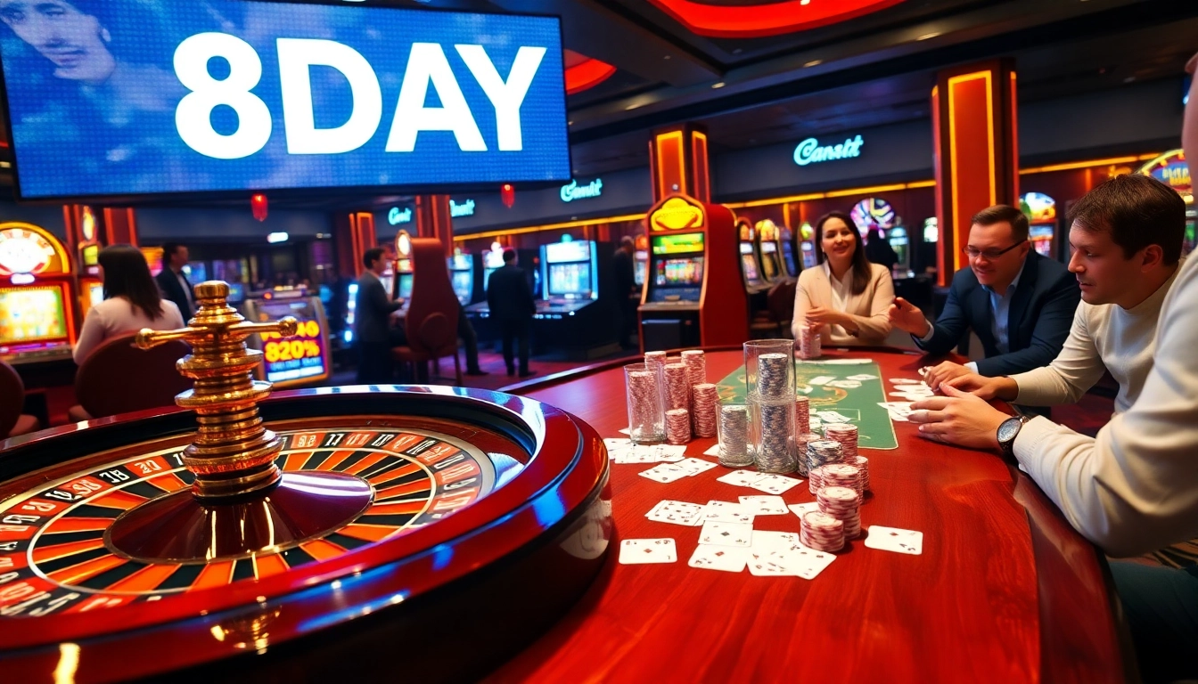 Players engaging at the 8DAY casino, showcasing roulette and vibrant poker chips in action.