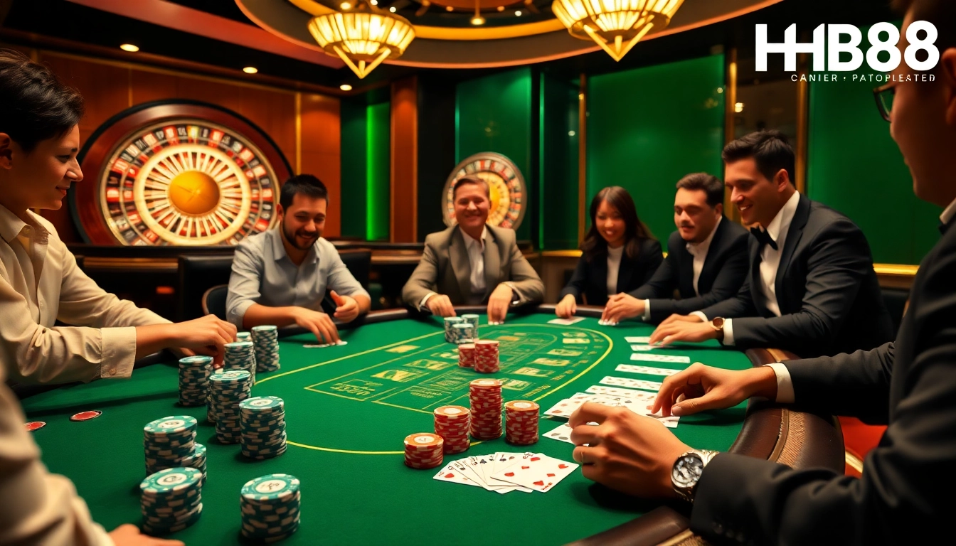 Players strategizing in a vibrant HB88 poker game with colorful chips and cards.