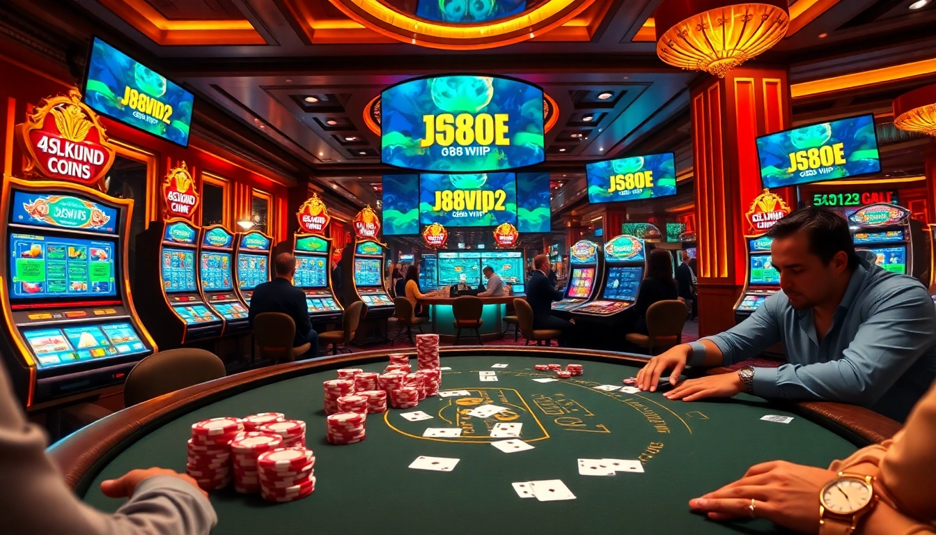 Exciting casino atmosphere at j88vip2 with vibrant poker games and luxury slot machines.