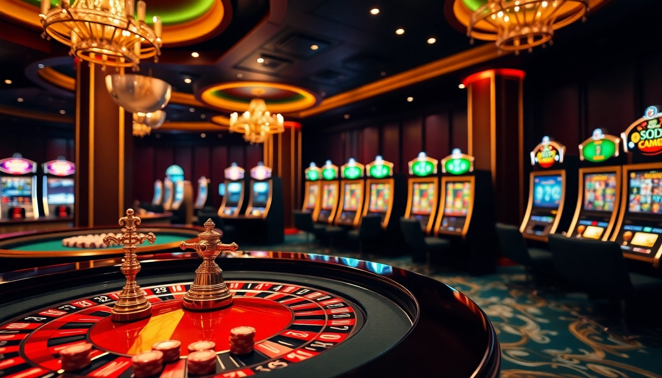 SODO66 gaming experience featuring colorful slot machines and an elegant roulette table.