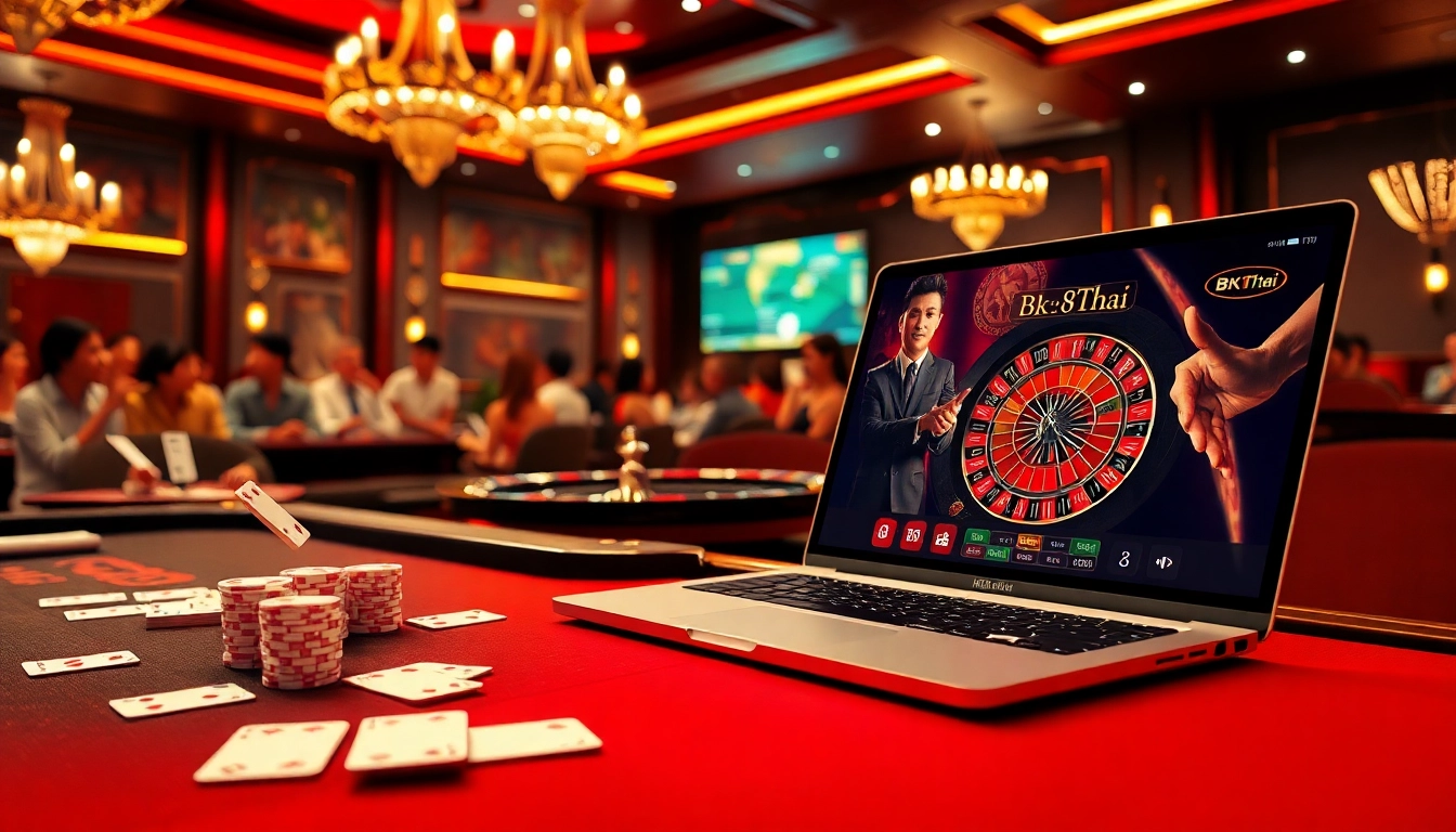 Experience the excitement of BK8Thai with vibrant gambling visuals featuring poker chips and roulette wheels.