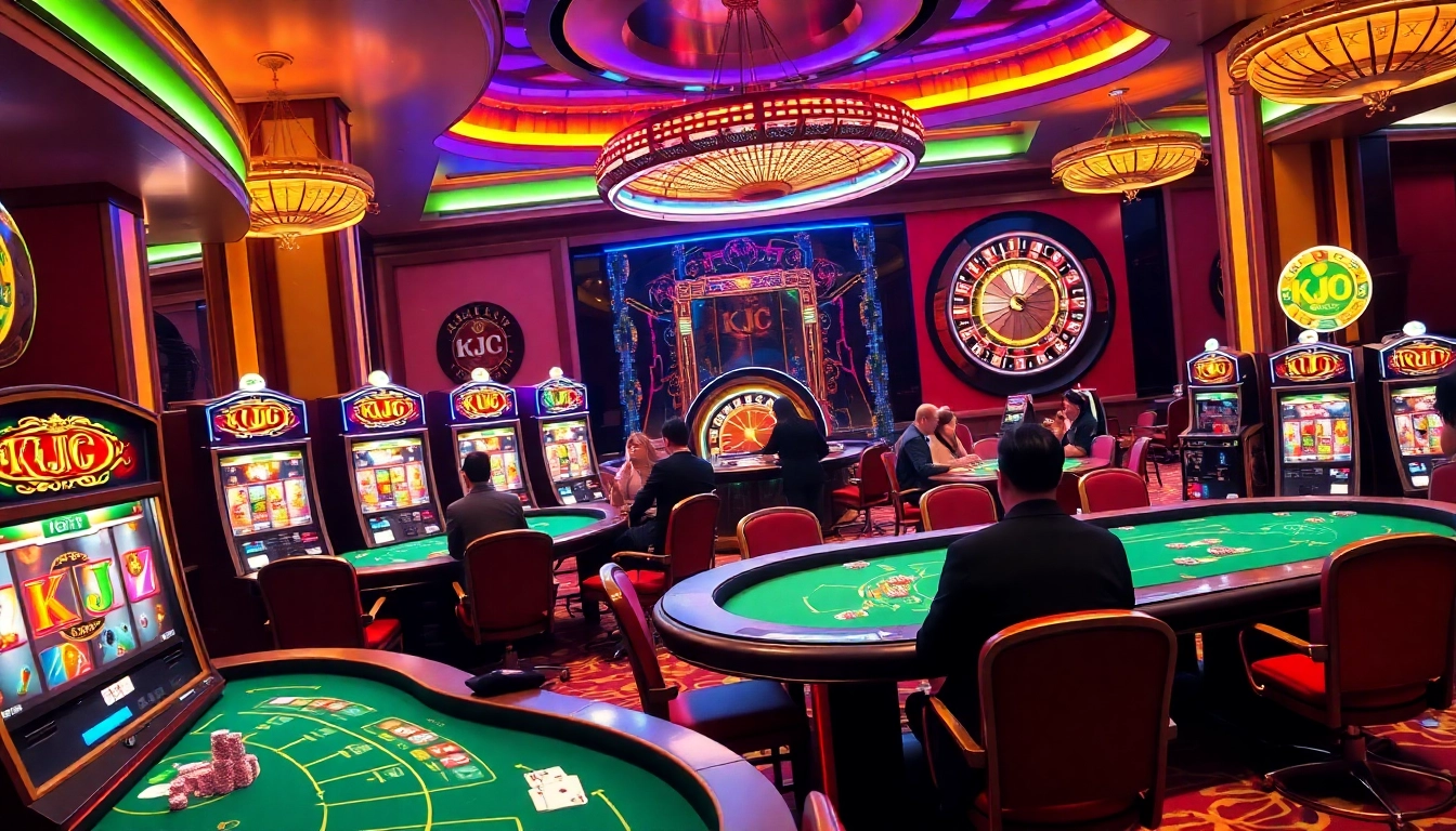 KJC gaming experience with vibrant casino tables and elegant players captivated by excitement.