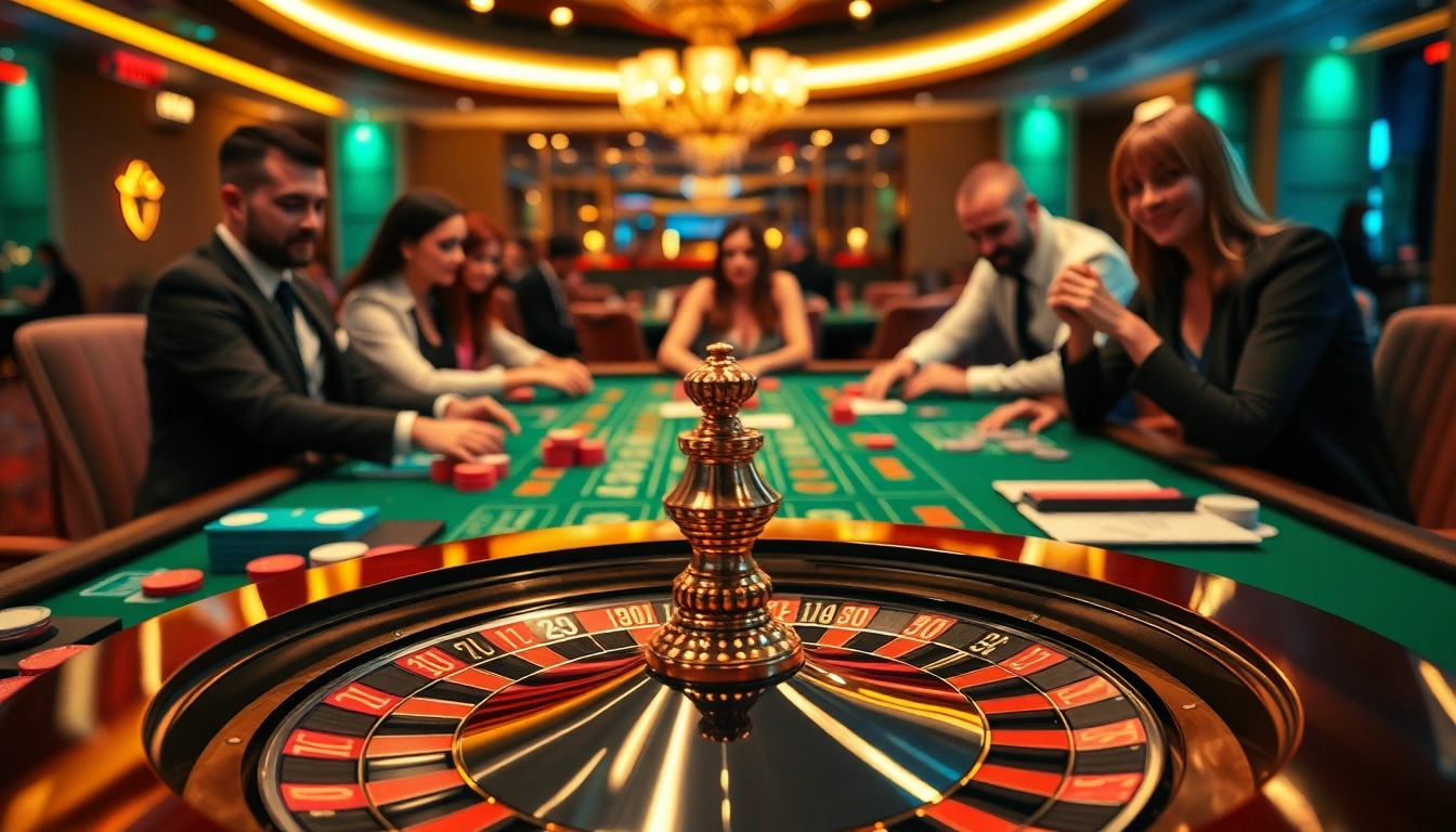 HAYWIN casino players engaging at a vibrant table with roulette and colorful chips.