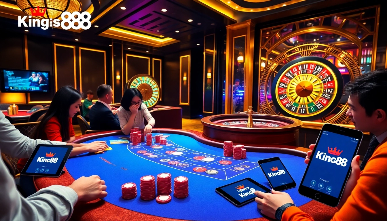 Players enjoying the thrill of gambling at a luxurious casino table with King88 at https://king888.dev/.