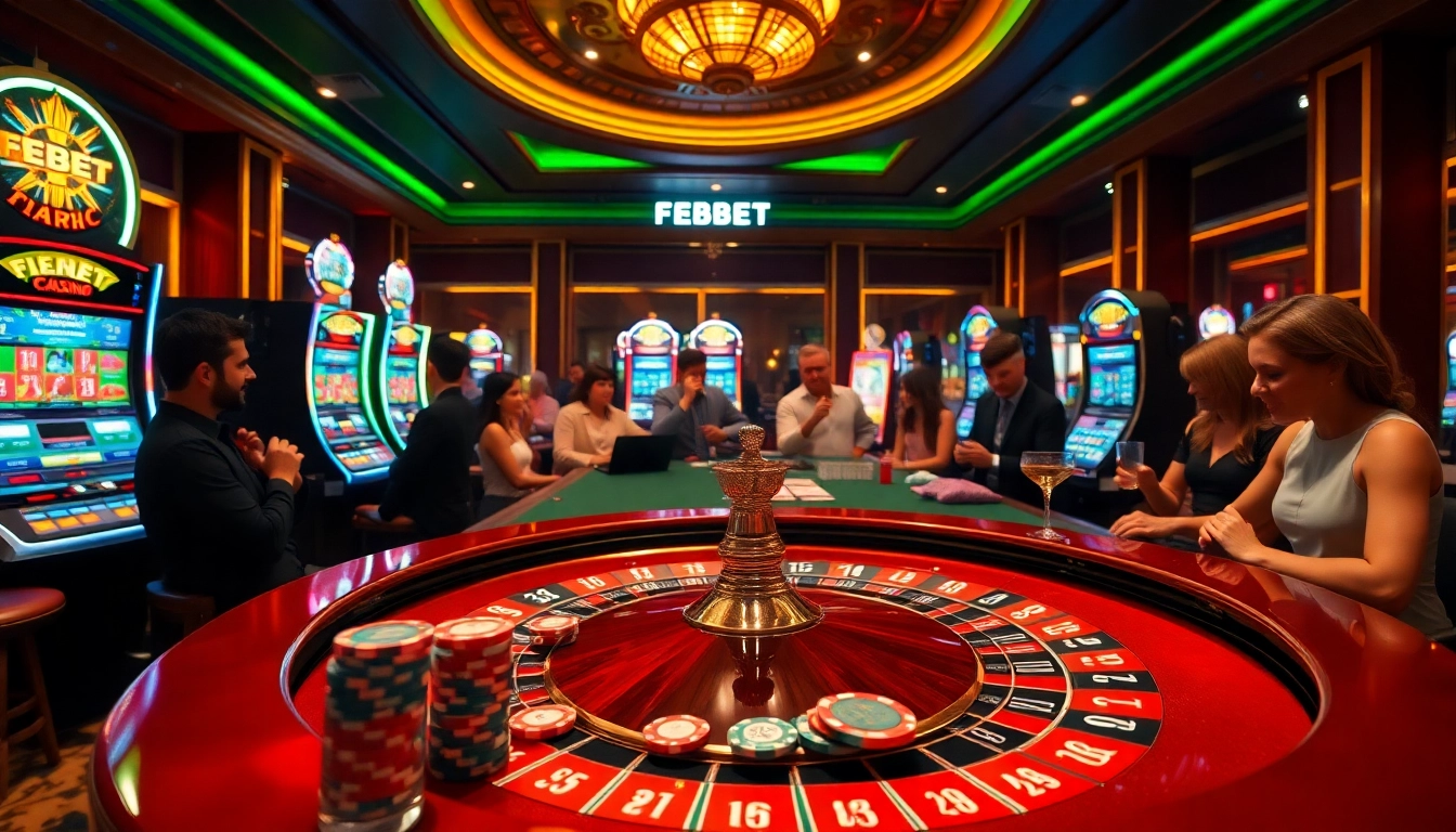 Players enjoying an exciting game of roulette at FEBET casino with vibrant poker chips.