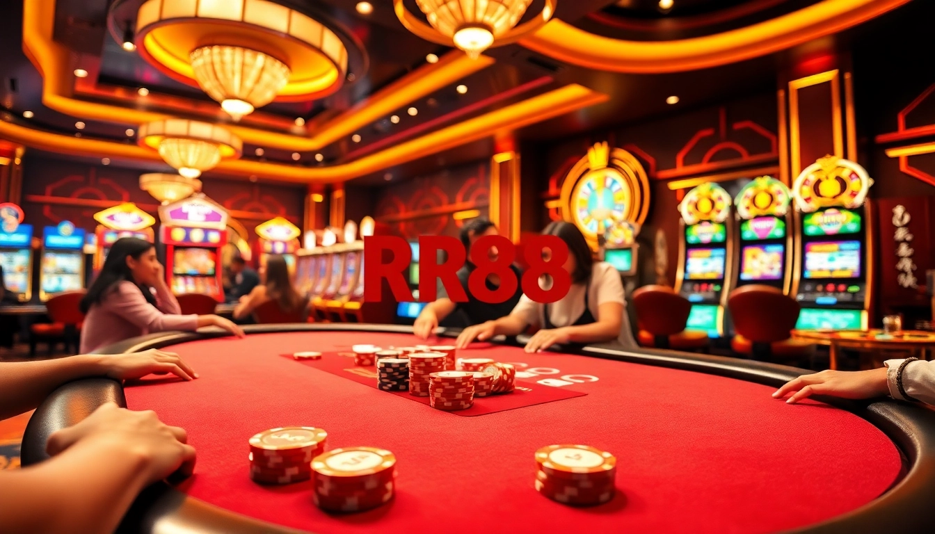 Experience the thrill of gaming at RR88's luxurious casino tables and vibrant slot machines.