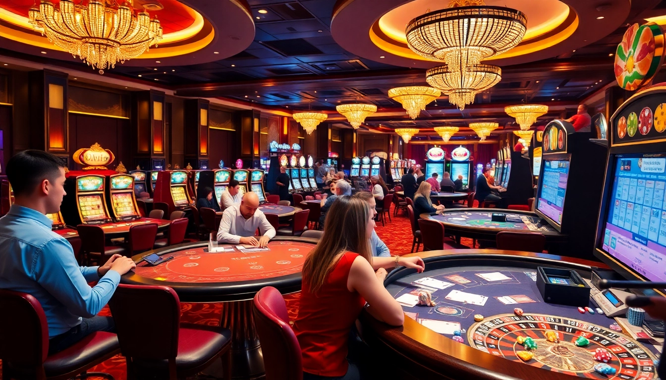 Players celebrating wins at 8kbet.ink's luxurious casino, showcasing dynamic gaming action and vibrant atmosphere.