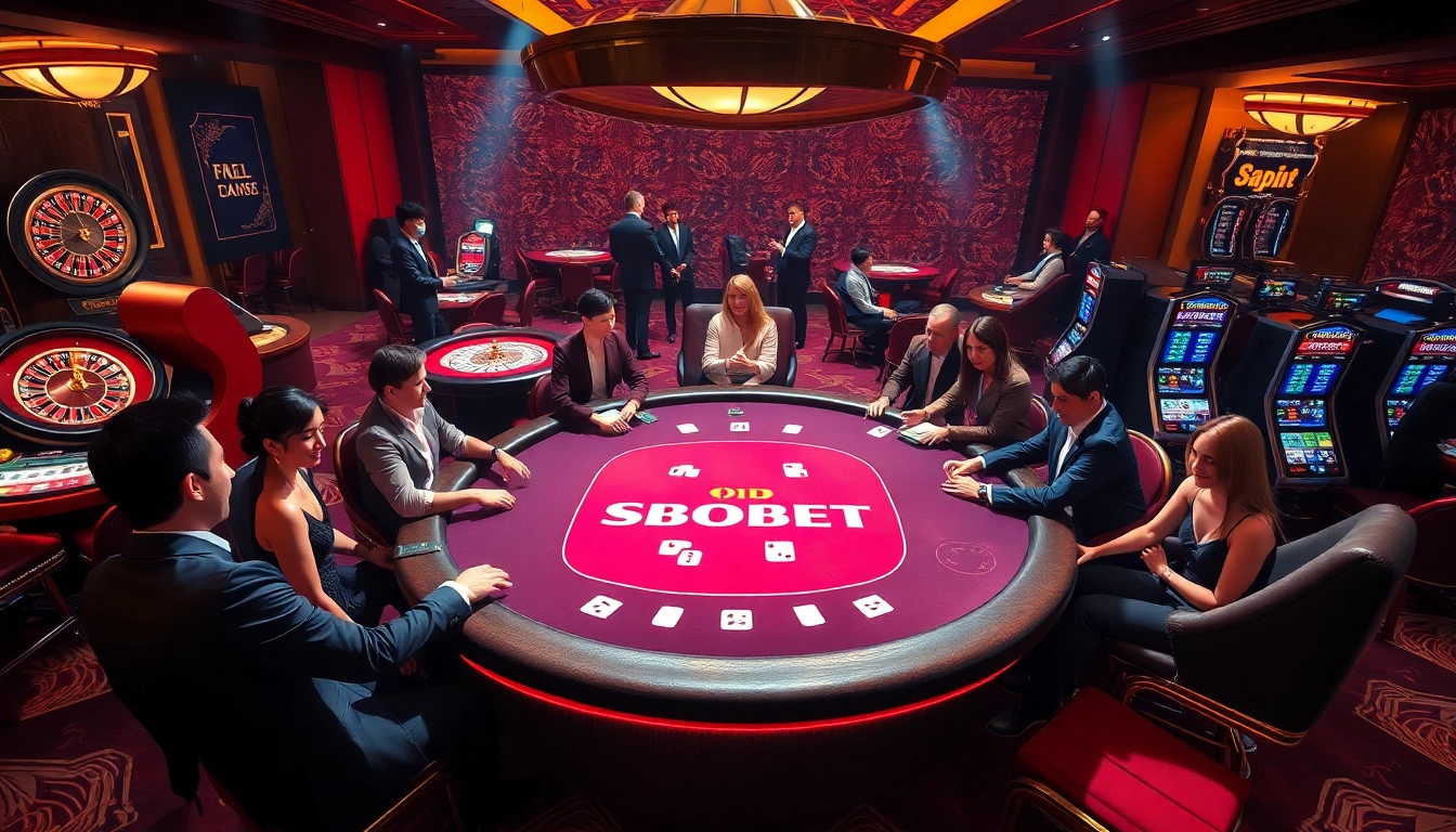 SBOBET gaming table with players enjoying Poker and Baccarat in a luxurious casino atmosphere.