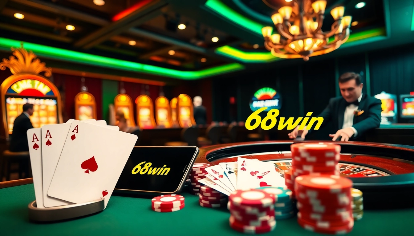 Tải app 68win: Exciting casino scene with roulette tables and vibrant slot machines.