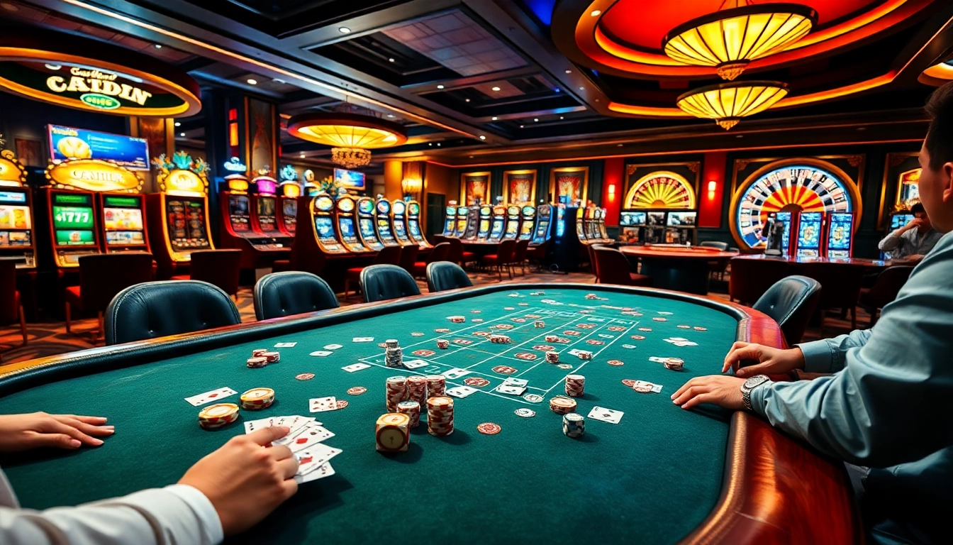 Engage in exciting poker action at 13win's vibrant casino scene, with colorful chips and cards spread out.