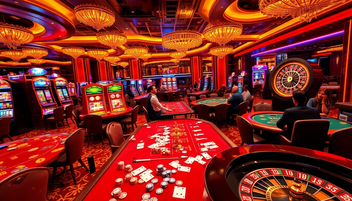 Playing at https://red88.hot/ casino tables with vibrant slot machines and a spinning roulette wheel.