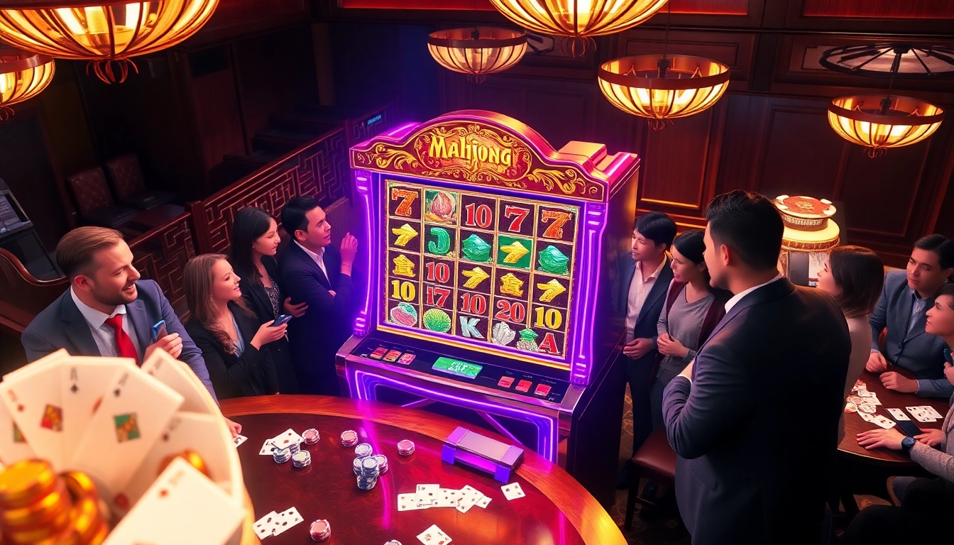 Engage with a demo slot showcasing Mahjong-themed excitement in a luxurious casino atmosphere.
