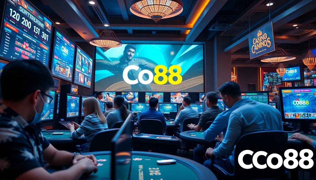 Exciting online gaming atmosphere with diverse players engaging in Co88 casino offerings, showcasing modern digital interfaces and vibrant colors.