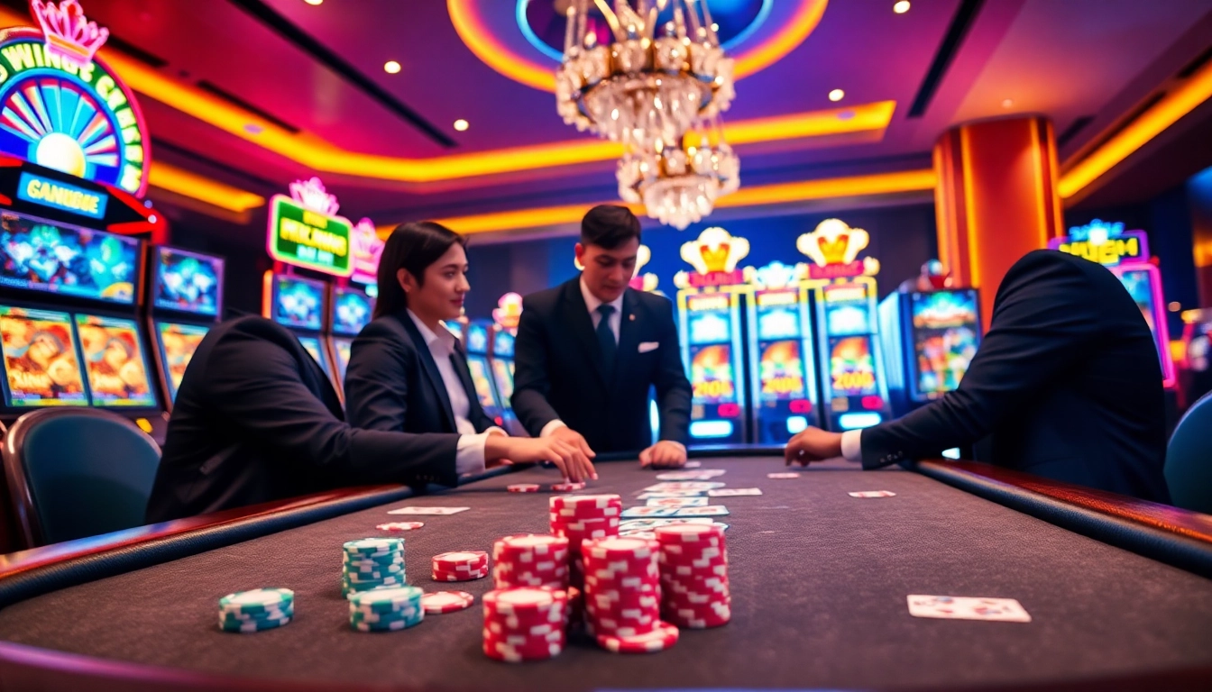 Engaging casino scene with players at a King88 table, showcasing excitement and gaming action.