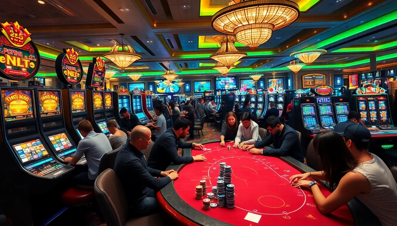 Engaging gamblers at ww88 casino tables with vibrant slot machines and strategic play.