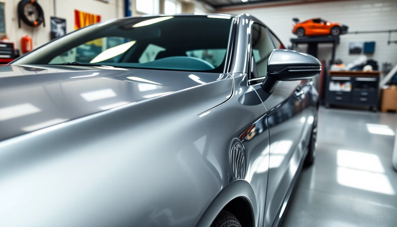 Applying PPF Chattanooga to a sleek vehicle in a professional automotive workshop.