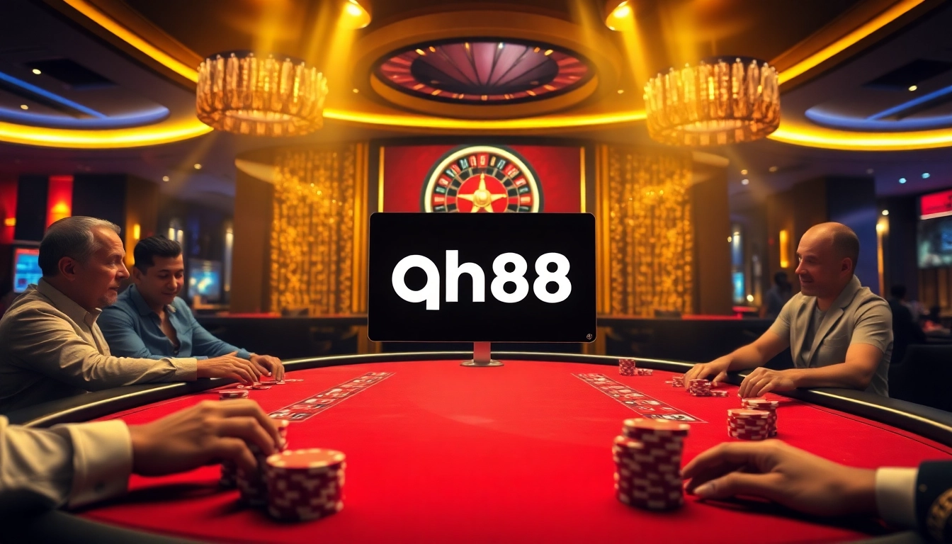 Engaged players strategizing at the qh88 poker table during an exciting casino game.