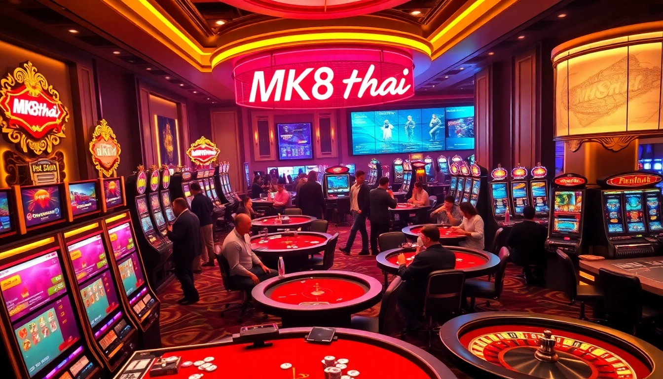 Players enjoy thrilling gameplay at MK8thai casino, celebrating wins at vibrant gaming tables.