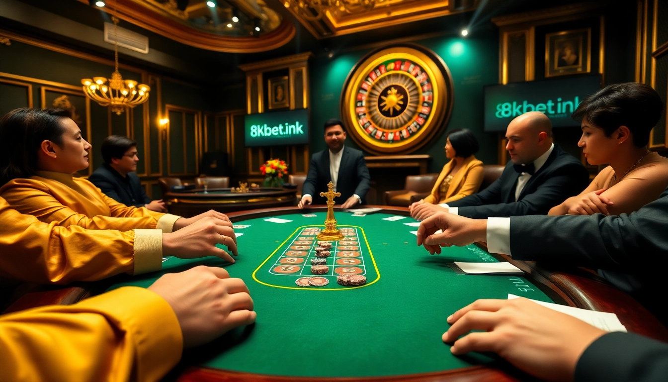 Players engaging in intense poker action at 8kbet.ink casino, with vibrant chips and a roulette wheel.