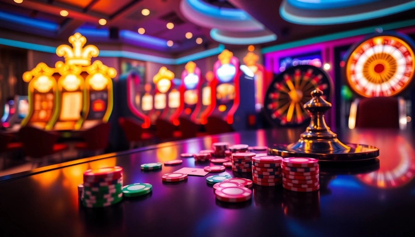 Adegan menarik dari permainan poker taruhan tinggi yang menampilkan chip poker Datukwin dan elemen kasino yang berwarna-warni.