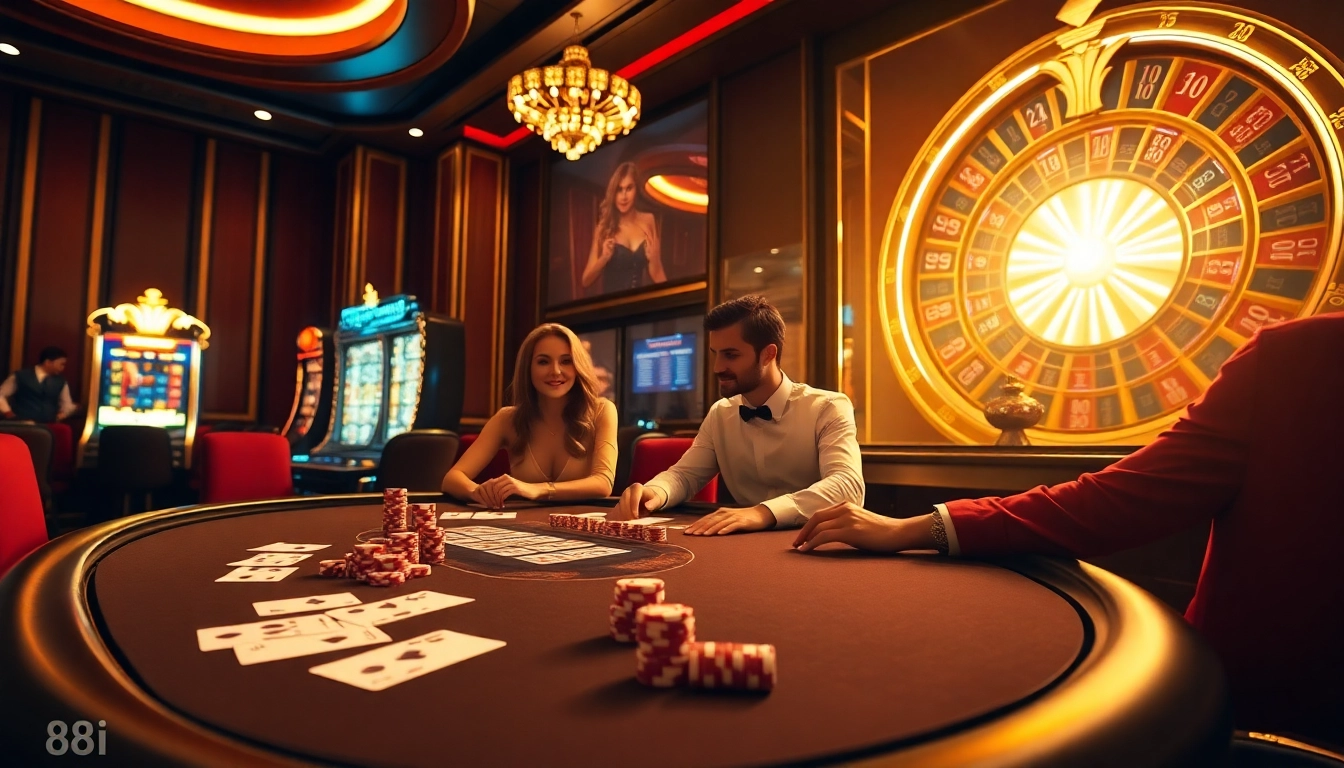 Poker players experiencing thrilling moments at 88i casino with vibrant slot machine in the background.