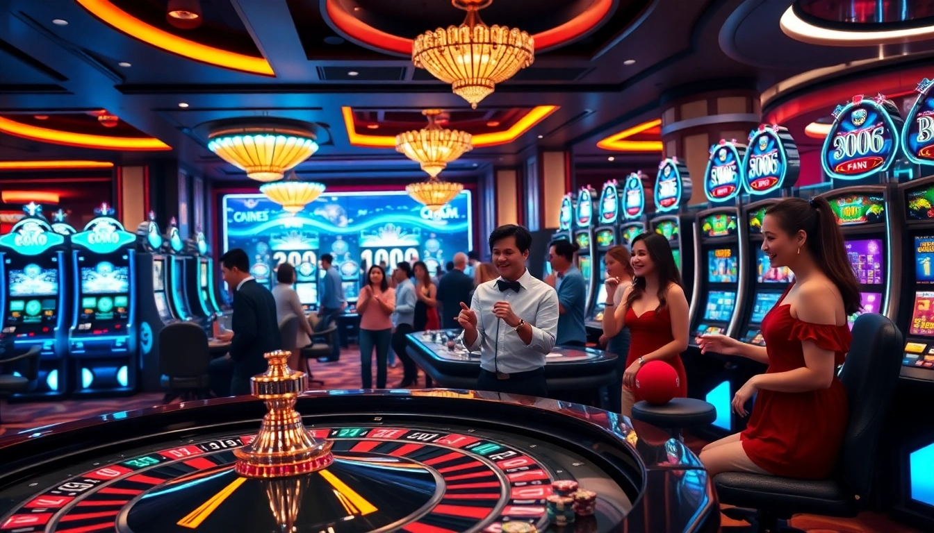 Thrilling gambling experience at jun88 trang chủ with roulette and slot machines in a luxurious casino.