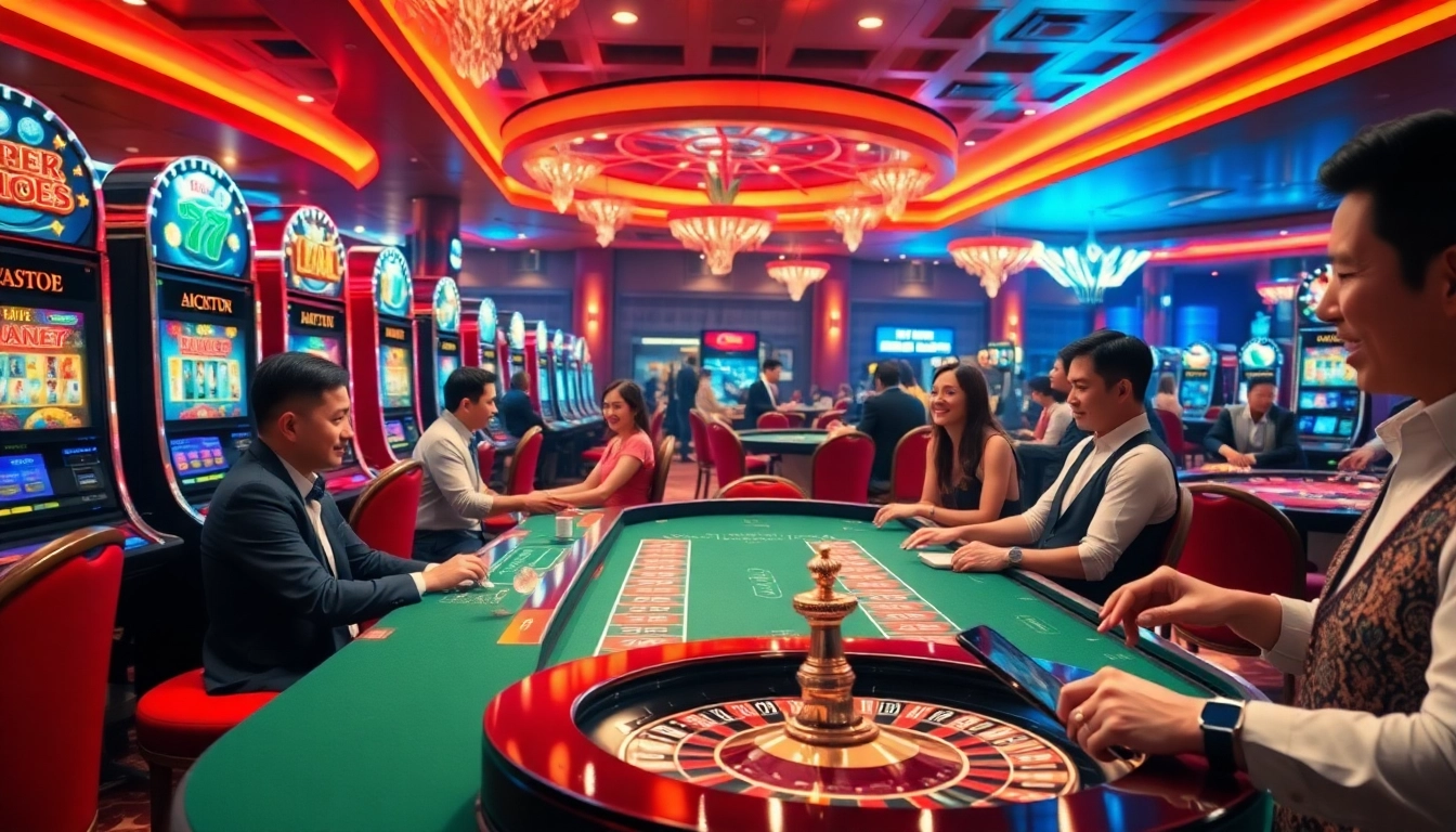Tải app xn88 with engaging casino visuals showcasing players enjoying games and vibrant machines.