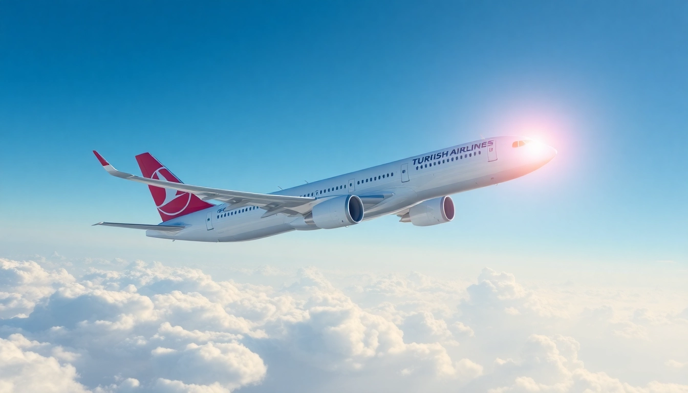 TK88 flight of Turkish Airlines soaring through a clear sky with mountains in the background.